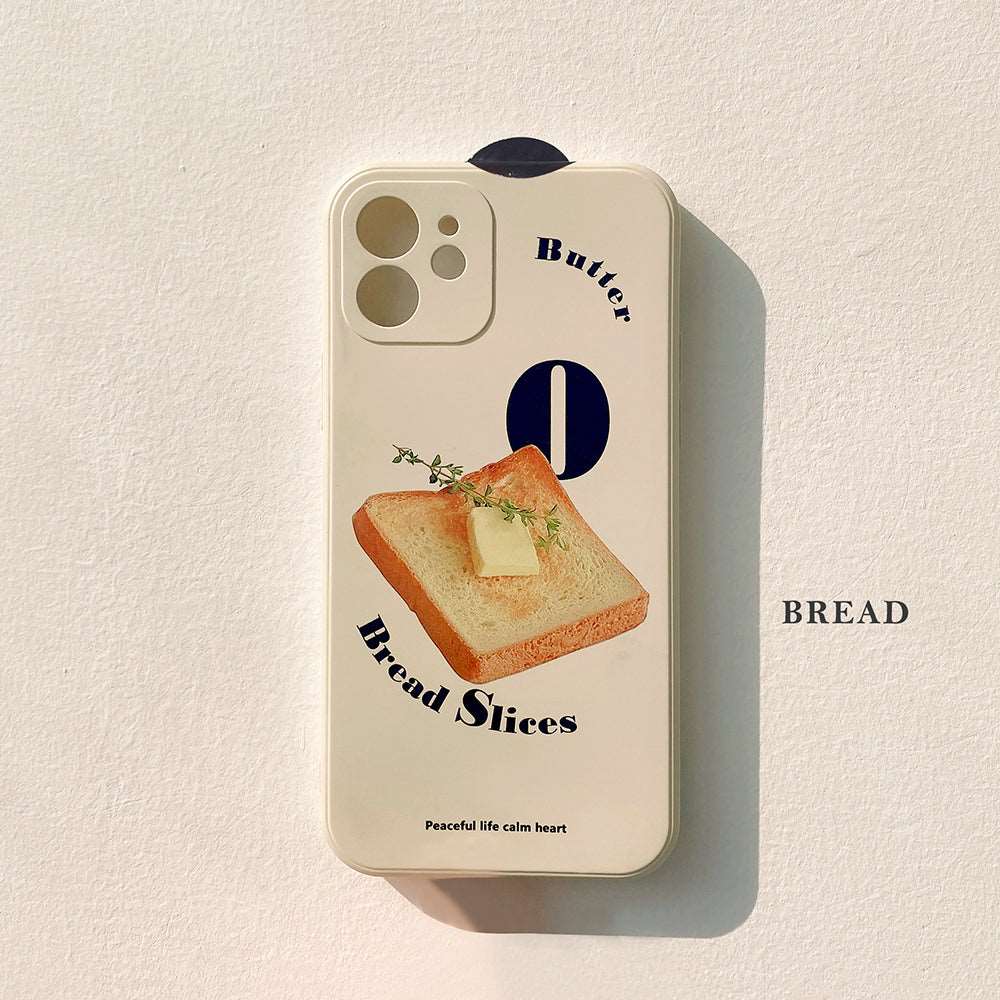 iPhone case. beige colour-based iPhone case with toast illustration. Soft TPU material.  Front view.