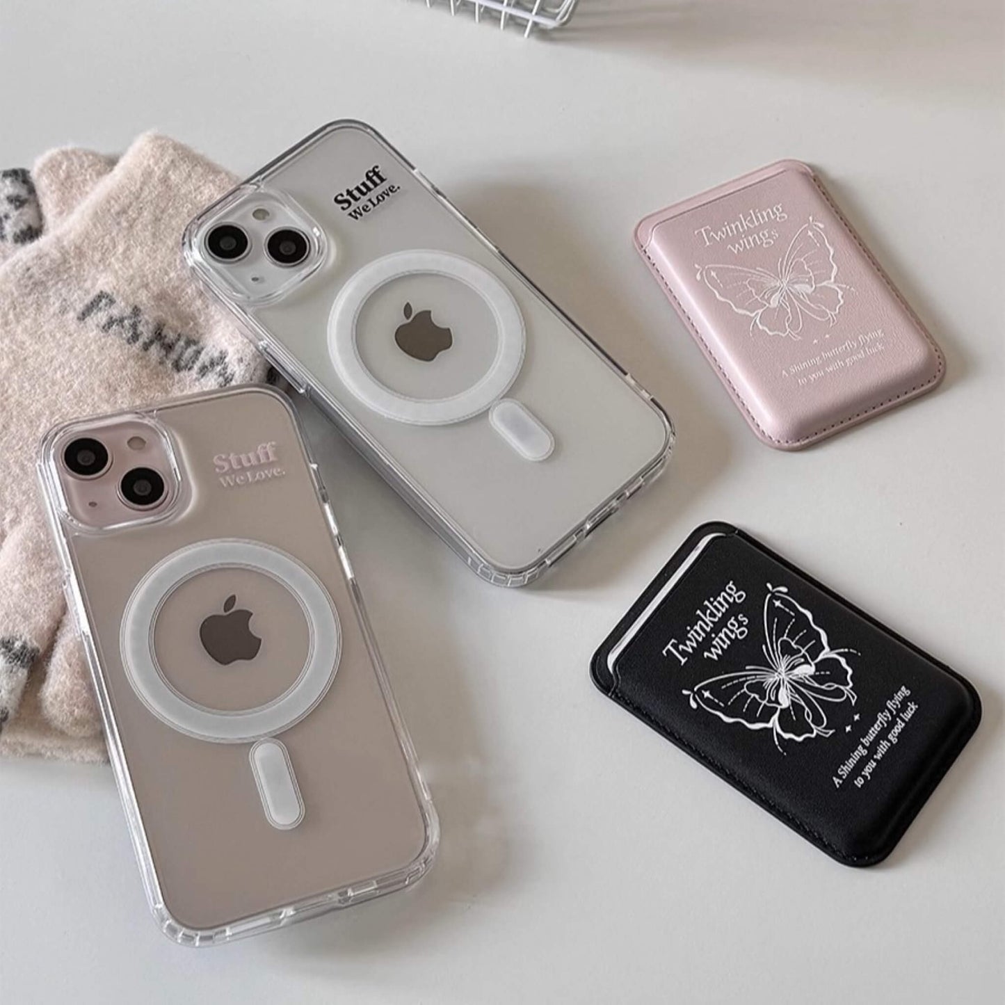 Black and Pink Magsafe phone case, come with Magsafe wallet with black and pink featuring aesthetic and elegance butterfly style.