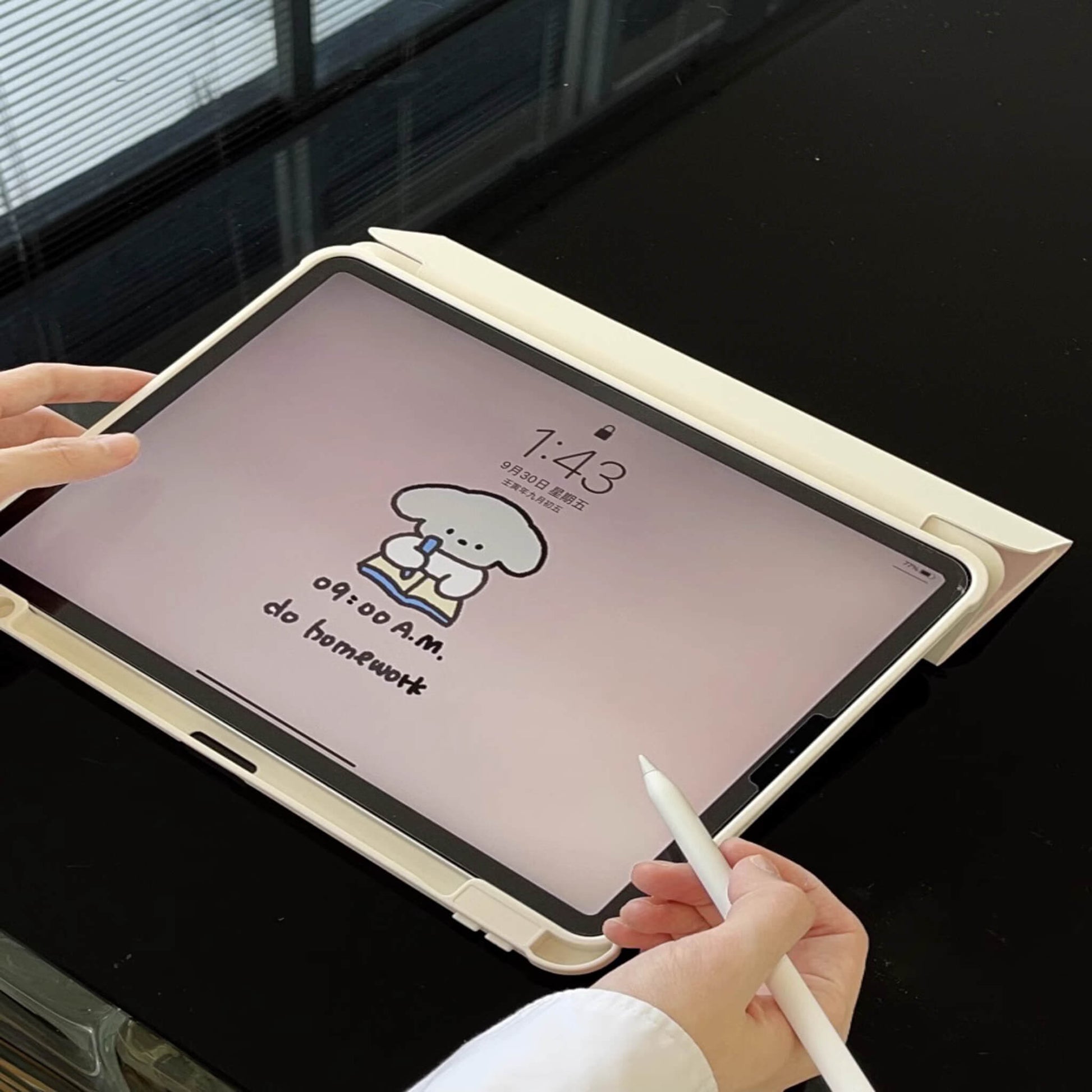 ipad case, cute ipad case with pink based and cute illustrayion, apple pencil slot