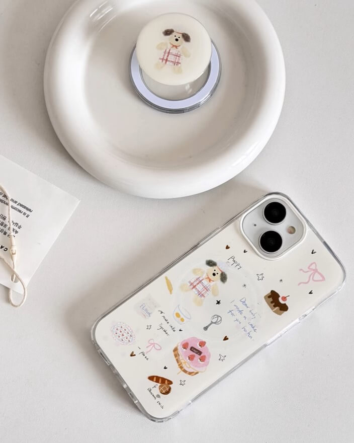 dorable MagSafe iPhone case featuring whimsical hand-drawn illustrations of cute puppies and sweet treats on a transparent background, perfect for adding a touch of cuteness to your device