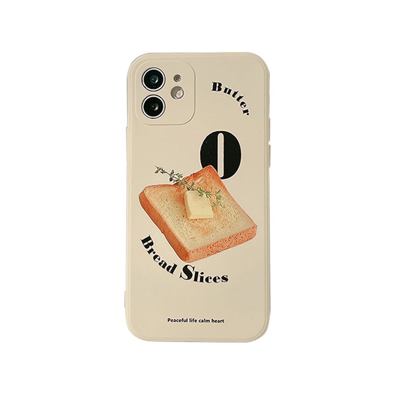 iPhone case. Beige colour-based iPhone case with toast and butter illustration. Soft TPU material.