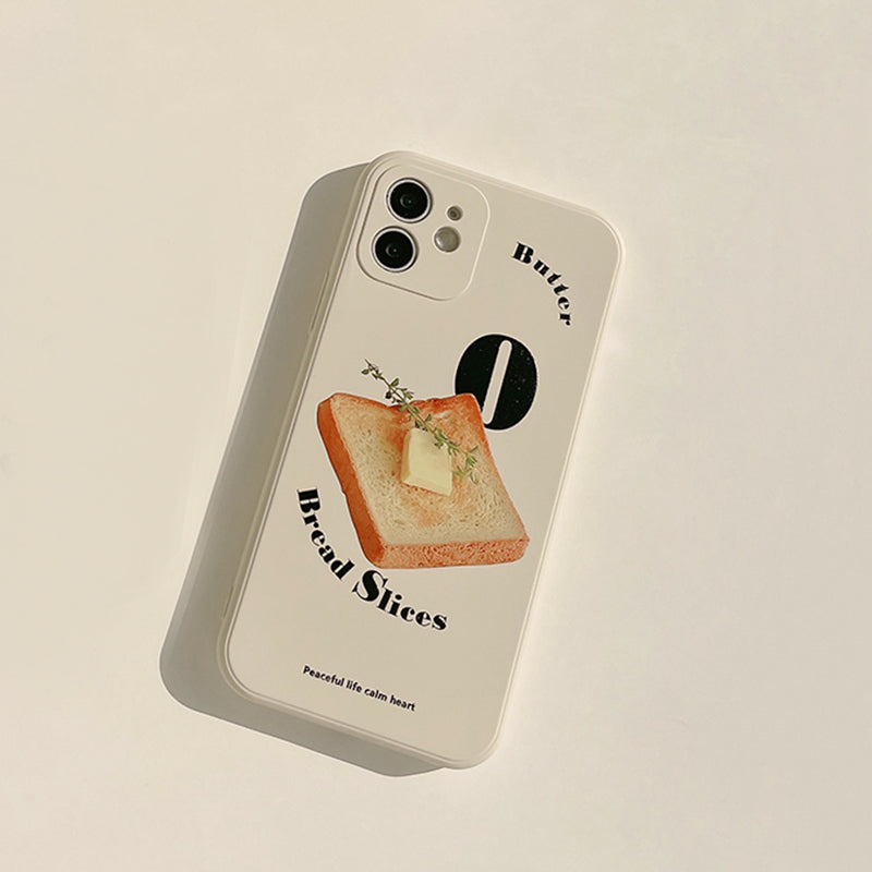 iPhone case. beige colour-based iPhone case with toast illustration. Soft TPU material. Front rotated view.