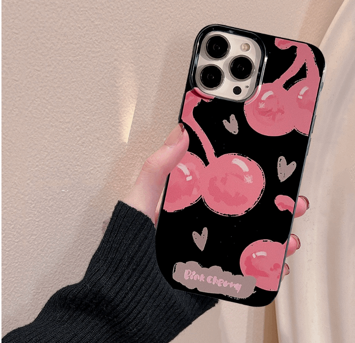 iPhone case. Pink Cherry with black iPhone cases. Soft TPU material. Women holding phone case