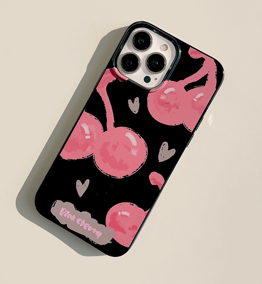 iPhone case. Pink Cherry with black iPhone cases. Soft TPU material. Back far view