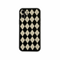 iPhone case with black colour base featuring white retro Checkerboard illustrations. Soft TPU polystyrene plastic material. Back view