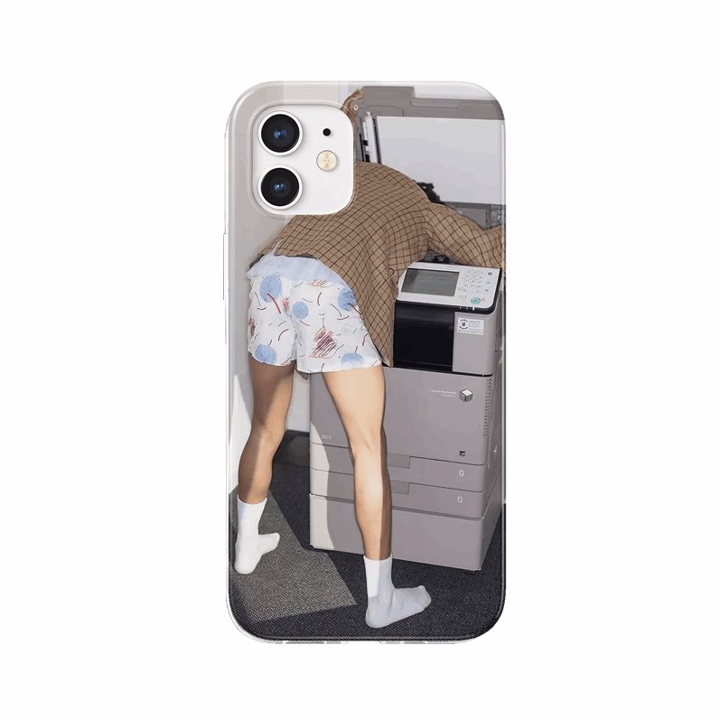 Holding an iPhone case. Original design iPhone case with funny illustration. Half-covered, super slim & lightweight phone case. Hard polycarbonate material. Front view.