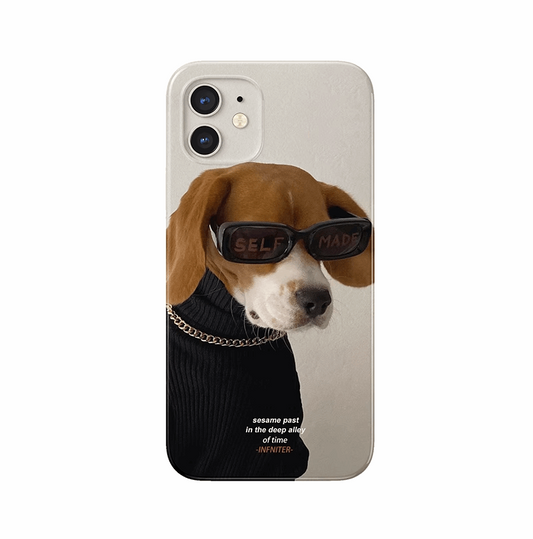 iPhone case. Original design iPhone cases with dog illustrations. Half-covered, super slim & lightweight phone case. Hard polycarbonate material. Front view.