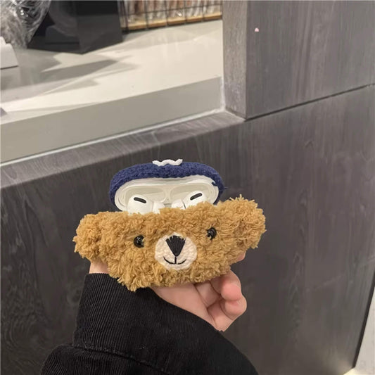 airpods cases with fluffy teddy bear with blue hat