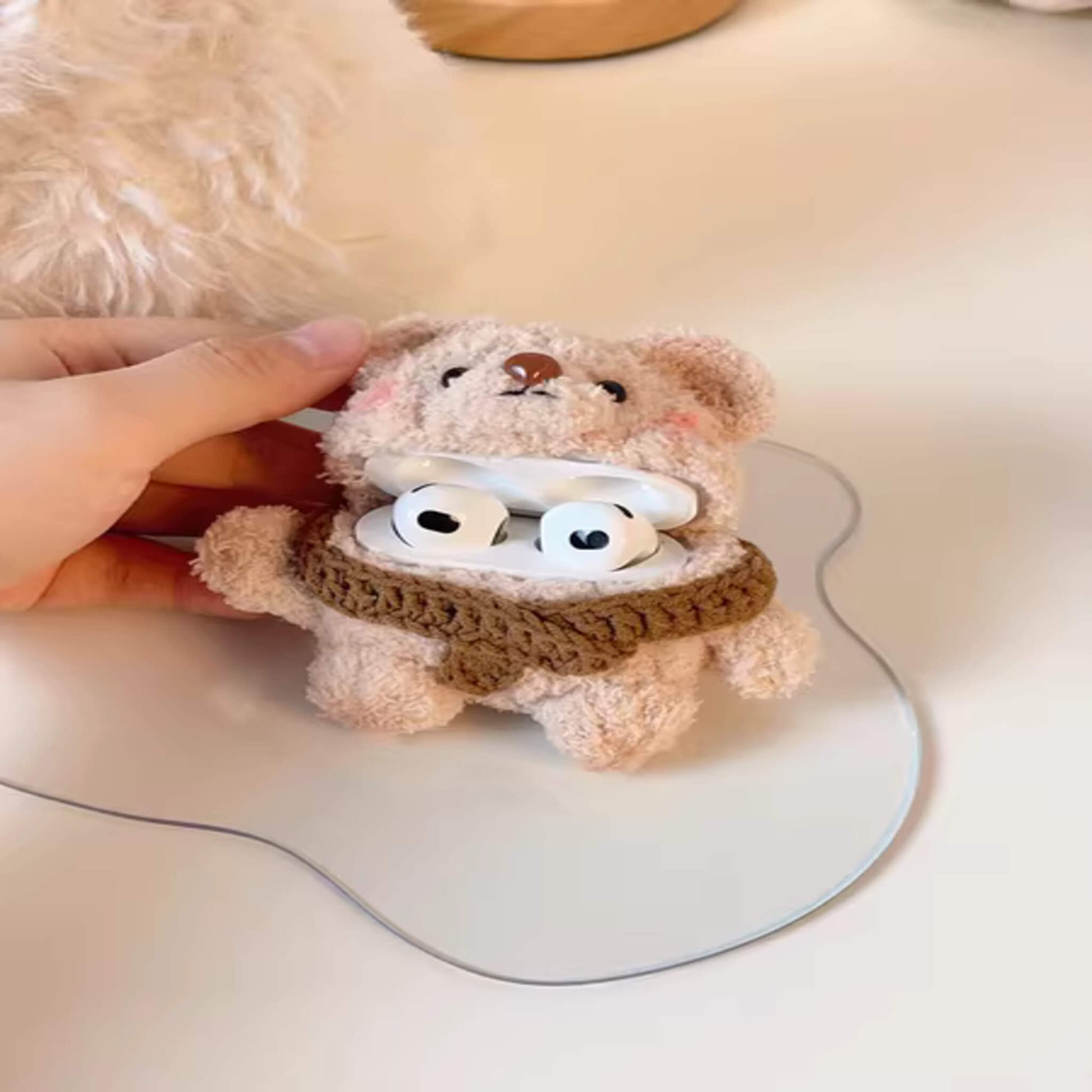 airpods cases with fluffy adorable brown bear waving, airpods case open