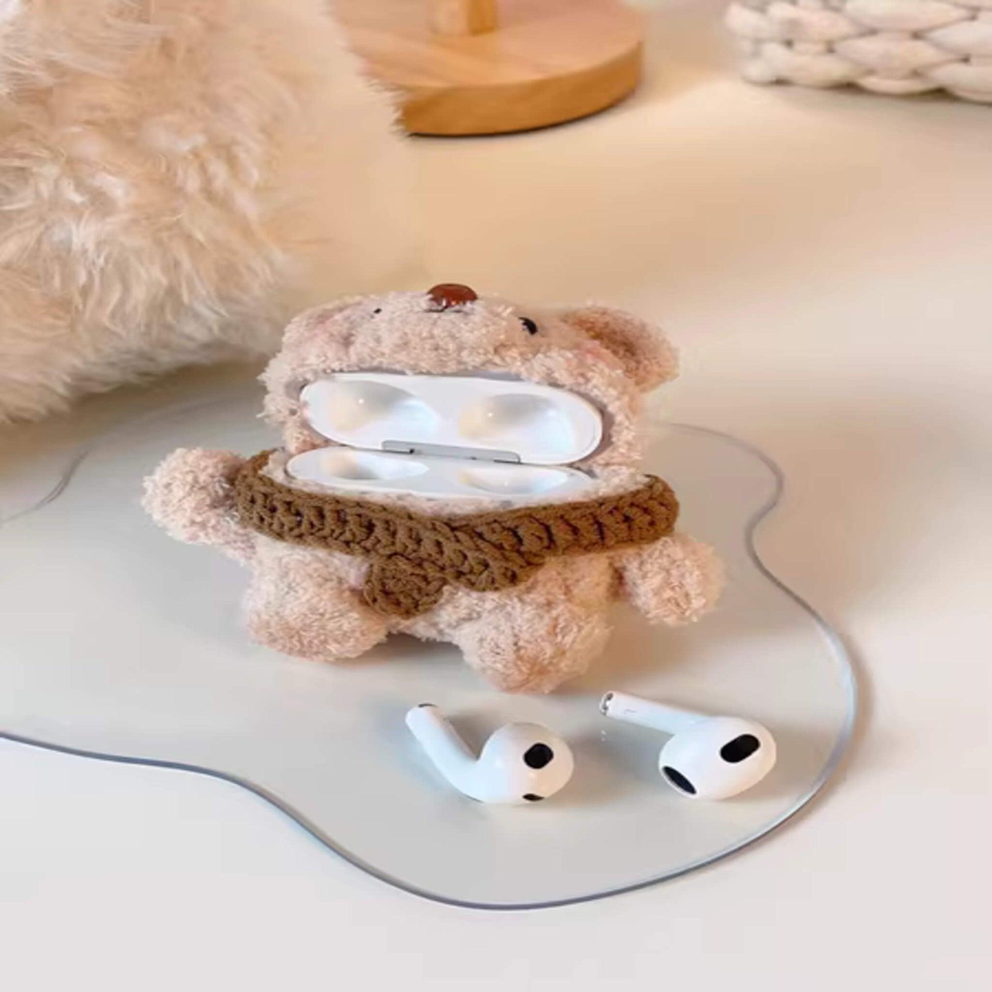 airpods cases with fluffy adorable brown bear waving