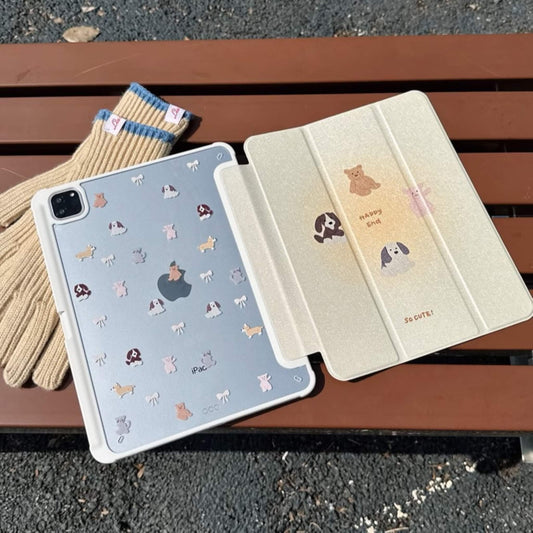 iPad showcasing a translucent case adorned with small, colorful Jellycat character illustrations on a cream background, complemented by a soft beige interior with larger character graphics and playful text