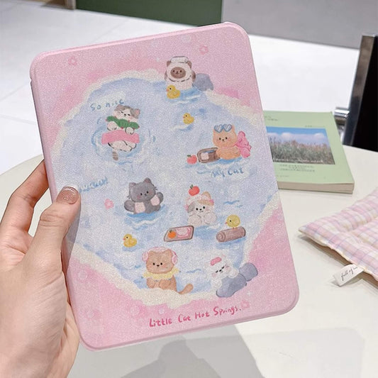 Adorable Kitten Spa Day iPad Case in soft pink with cute cartoon cats relaxing in a hot spring, perfect for a touch of whimsy and protection for your device