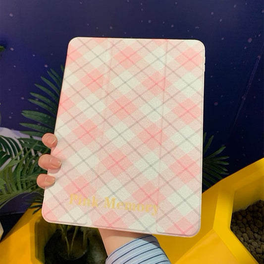pastel pink iPad case with 'Pink Memory' script, evoking a nostalgic vibe with a soft plaid pattern, perfect for safeguarding your tablet with a dash of sentimentality