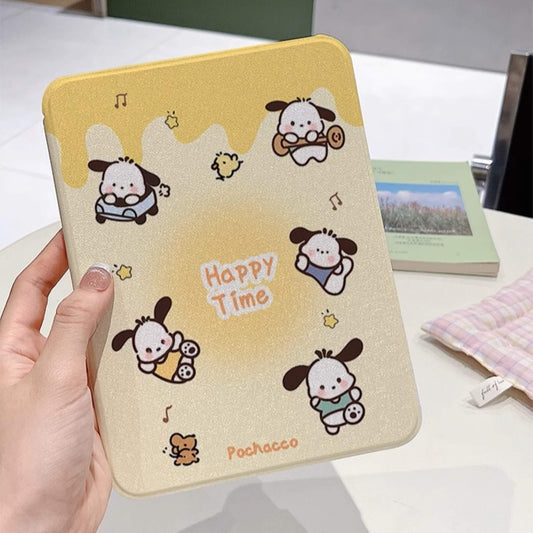 Sanrio's Pochacco-themed iPad case with cheerful character illustrations on a yellow background, open to reveal the tablet screen and soft white interior.