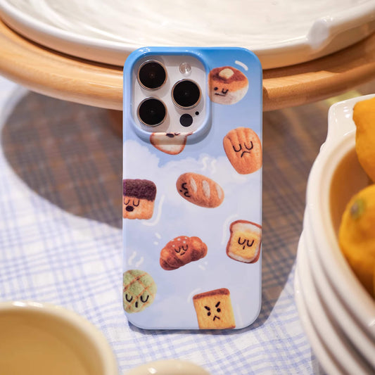 iphone 15 phone case, iphone case featuring cute and adorable toast with cute face on the sky cloud background, front view