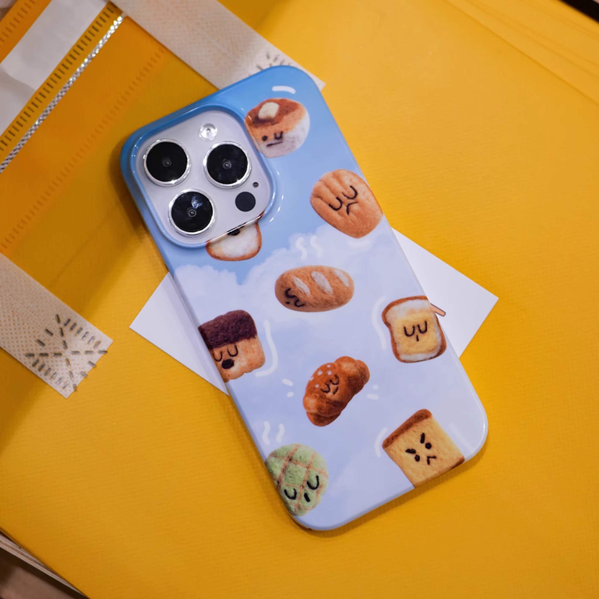 iphone 15 phone case, iphone case featuring cute and adorable toast with cute face on the sky cloud background, front far view