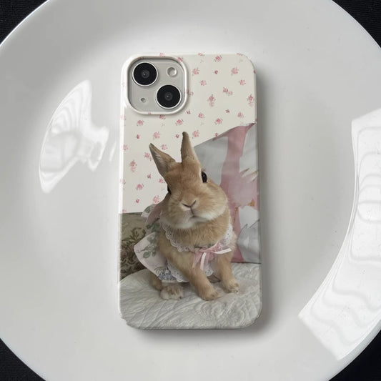 iphone cases with cute rabbit and flowerish illustration, rabbit lover, rabbit, iphone 14 pro, front view