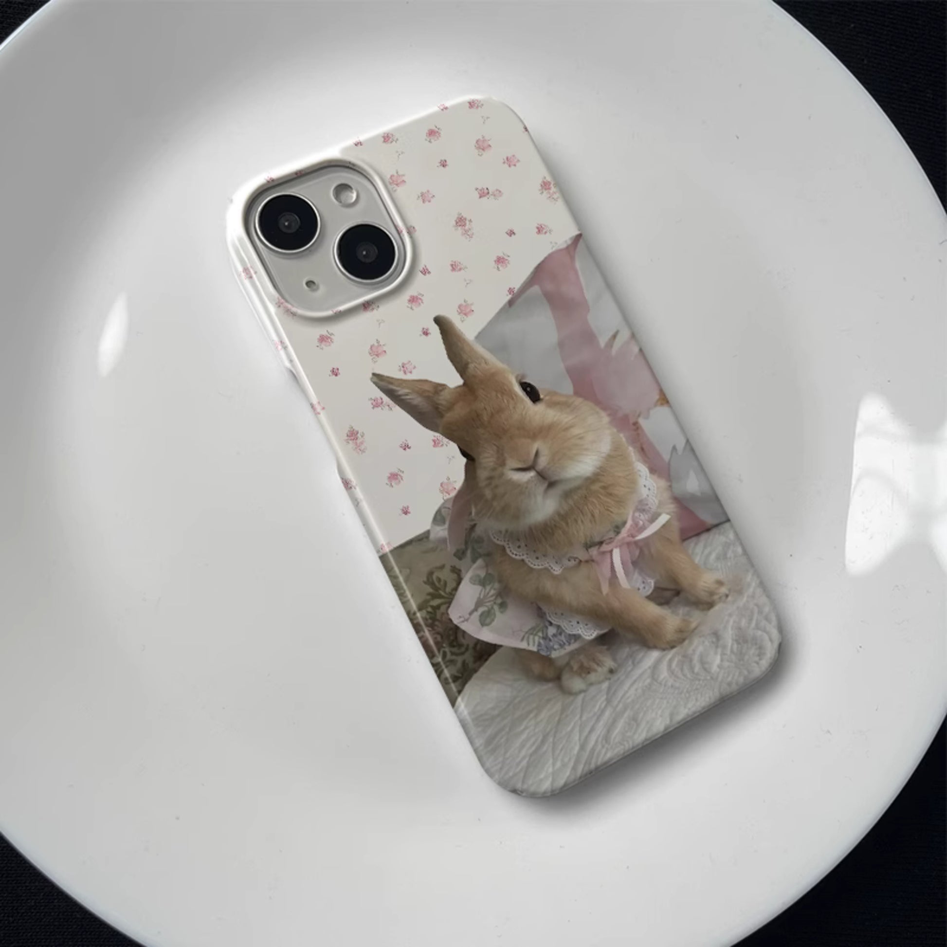 iphone cases with cute rabbit and flowerish illustration, rabbit lover, rabbit, iphone 14 pro, front far view