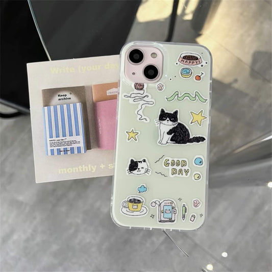 Cute and quirky iPhone case adorned with playful cat doodles and happy day motifs in a pastel green background, perfect for a cheerful vibe.