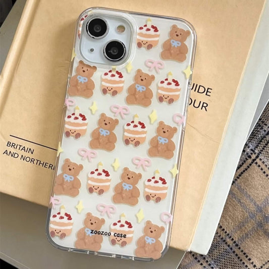 Charming iPhone case with a pattern of jellycat cuddly teddy bears and frosted cupcakes on a cream background, capturing a whimsical, cozy vibe