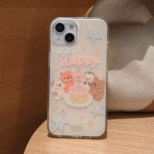 A cozy scene with an iPhone sporting the 'Jellycat Celebrations iPhone Case | Party Pals Edition,' complete with adorable Jellycat characters gathered around a birthday cake, ready to make your phone the star of the show.