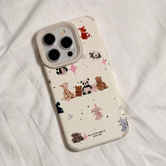 A cozy iPhone case flaunting a bevy of Jellycat characters on a cream background, with the sweet promise 'You will be happy every day' near the bottom.