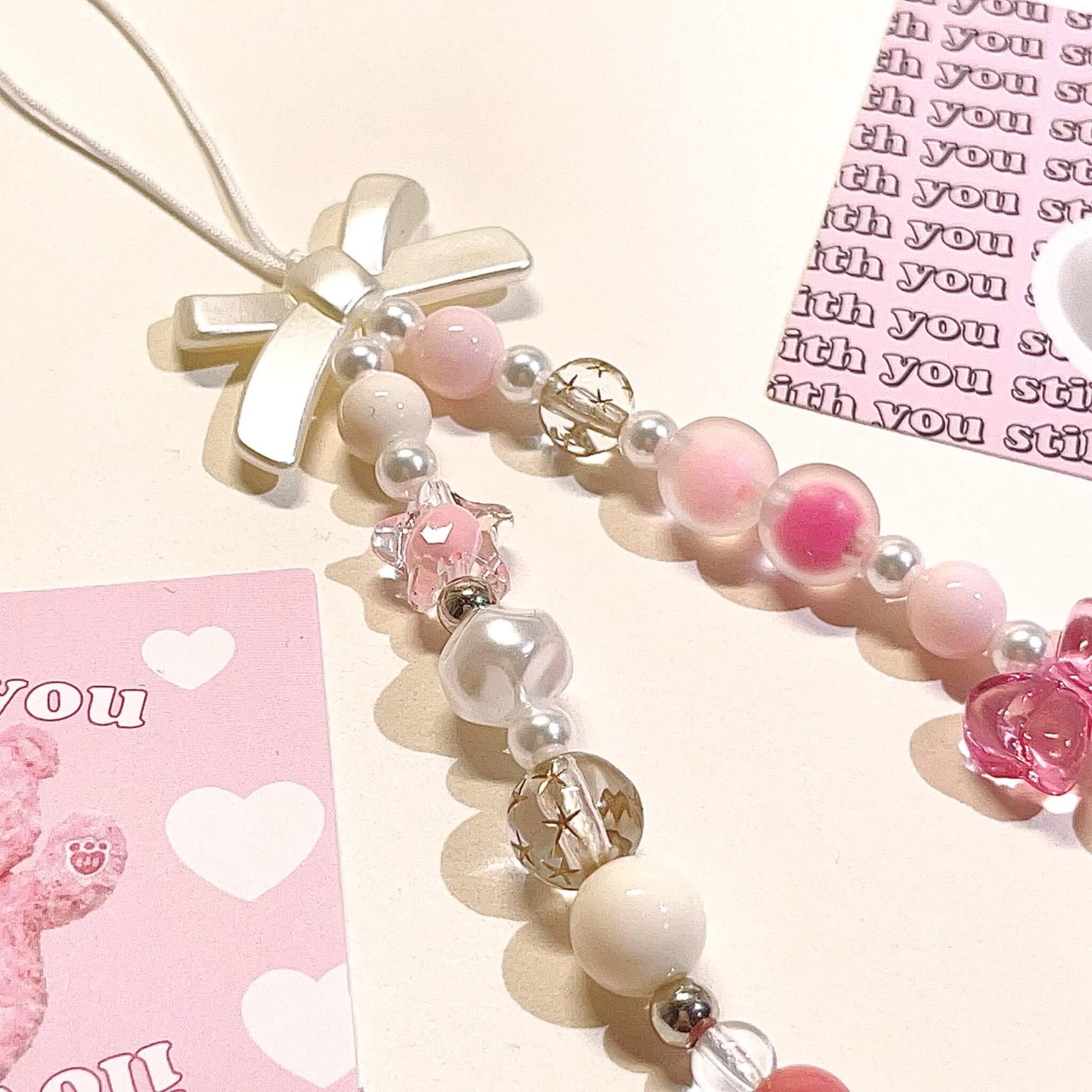 PHONE CHARM WITH PINK HEART, PINK RIBOON, GIRLY PHONE CHARM