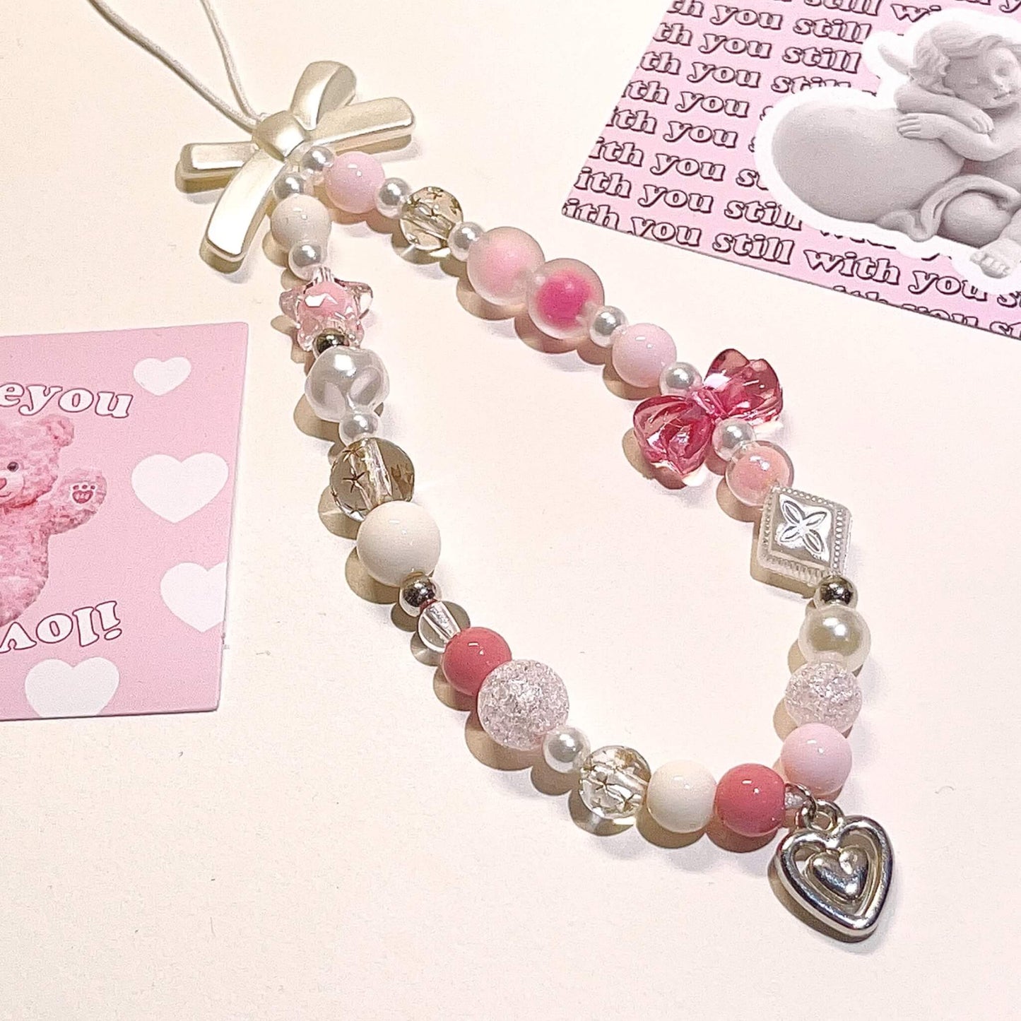 PHONE CHARM WITH PINK HEART, PINK RIBOON, GIRLY PHONE CHARM