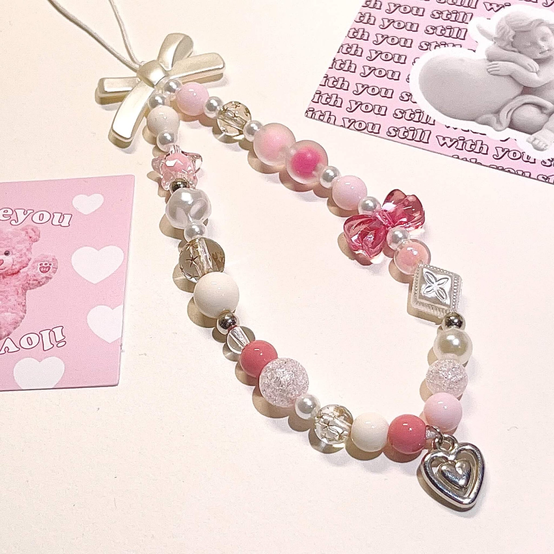 PHONE CHARM WITH PINK HEART, PINK RIBOON, GIRLY PHONE CHARM