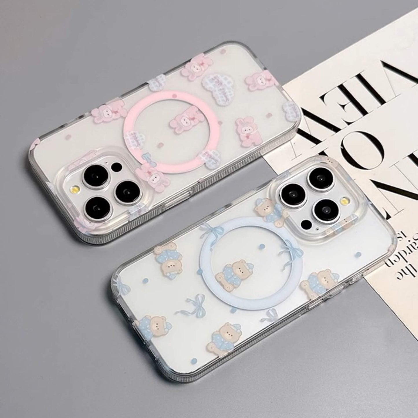 Pink and blue bear-themed MagSafe phone cases, perfect for adding a touch of whimsy to your device.