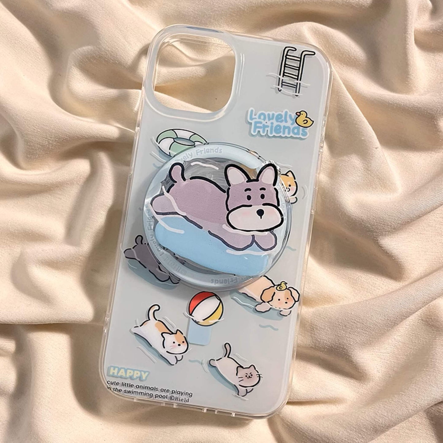 Cute phone case with floating animal friends, compatible with MagSafe popsockets