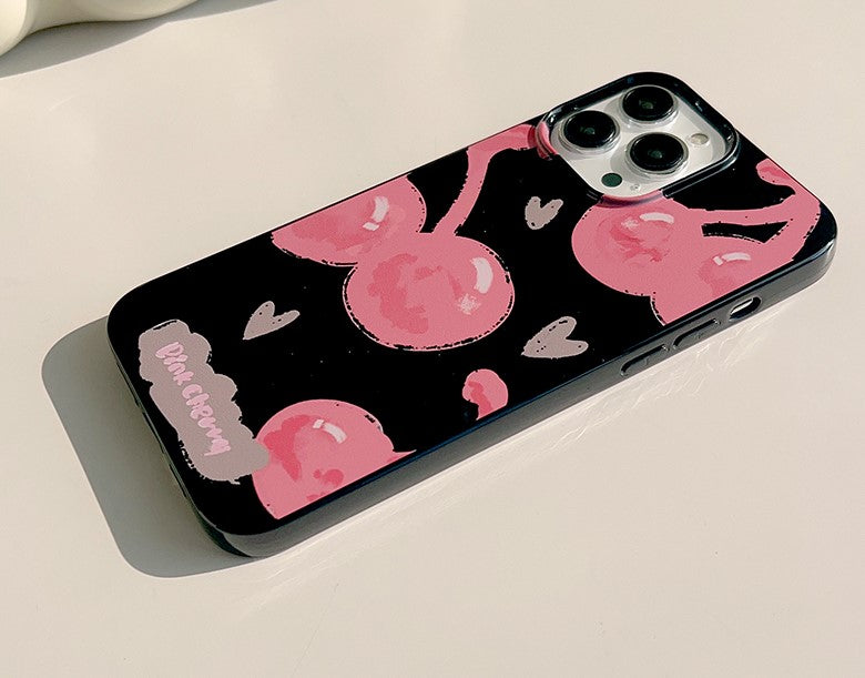 iPhone case. Pink Cherry with black iPhone cases. Soft TPU material. Back side view