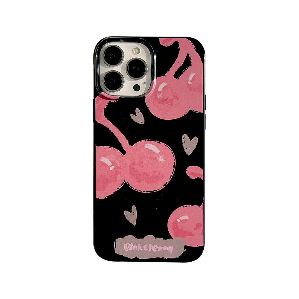 iPhone case. Pink Cherry with black iPhone cases. Soft TPU material. Back view